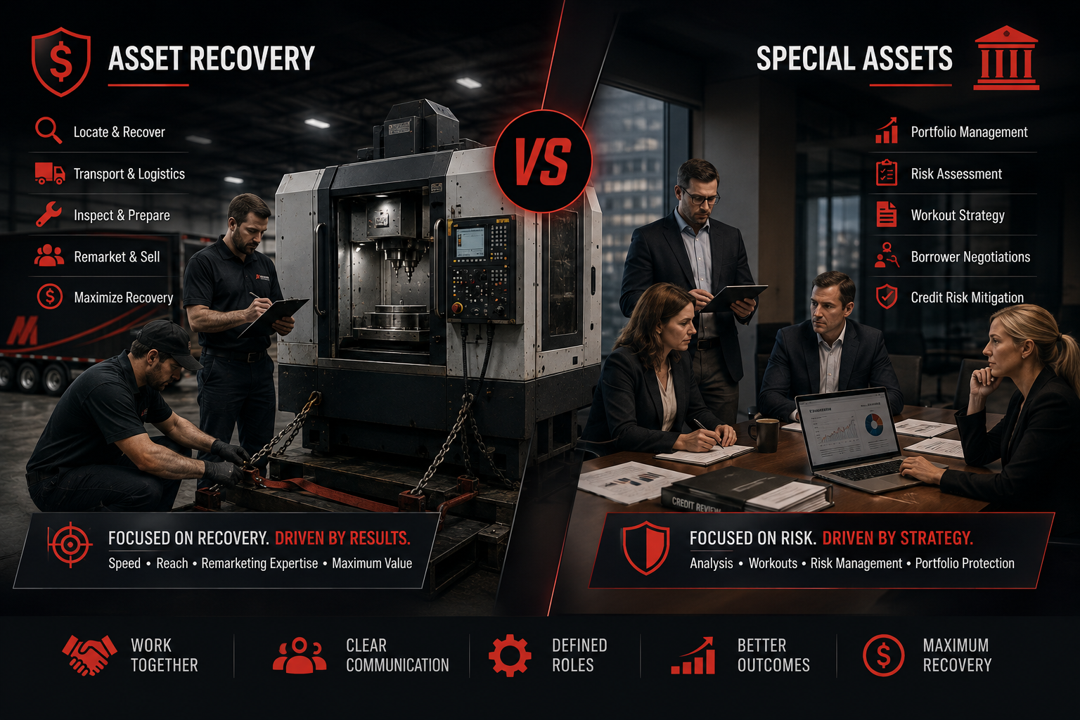 Comparison of Asset Recovery and Special Assets functions handling repossessed machine tool collateral