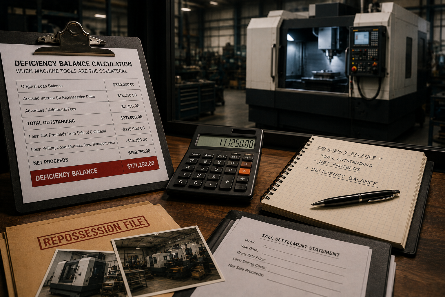 Deficiency balance calculation worksheet for repossessed CNC machine tool collateral