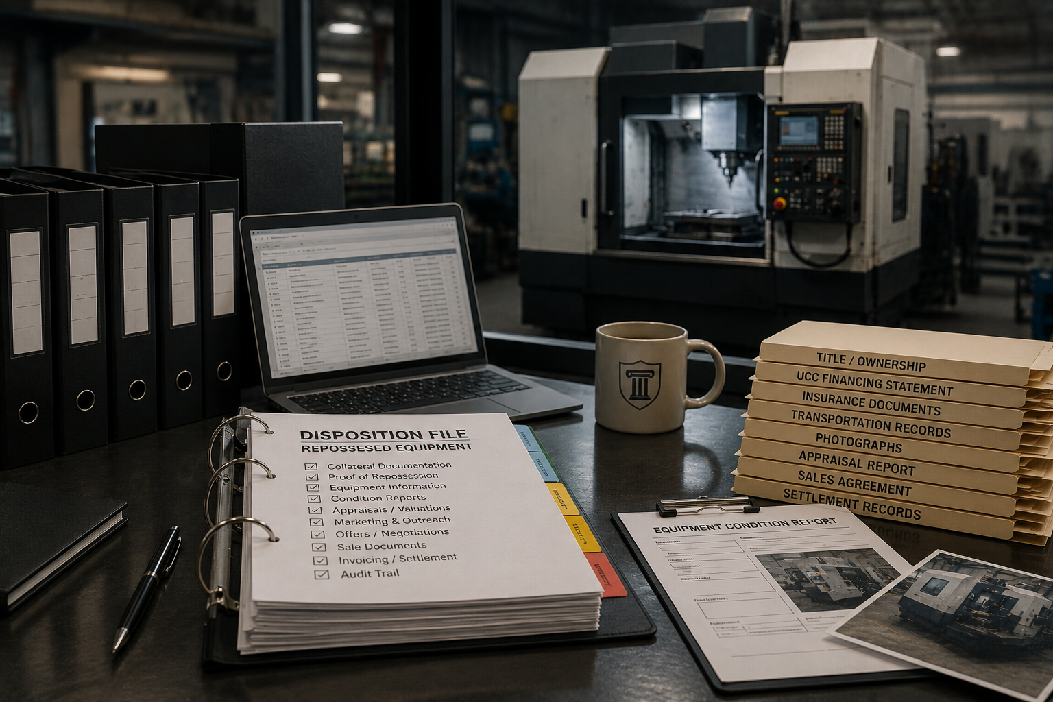 Complete repossessed equipment disposition file with condition reports, appraisals, and settlement records