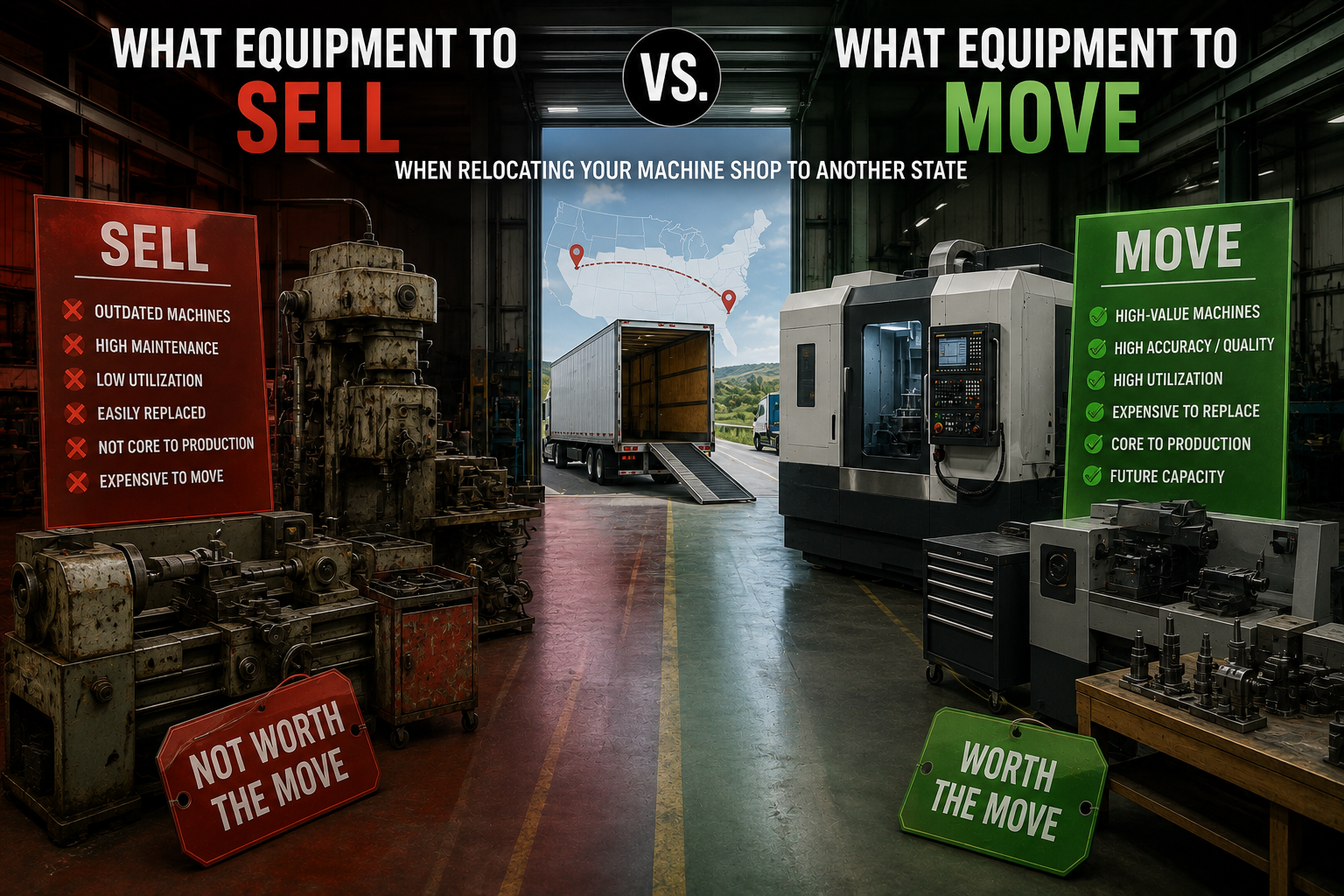 Machine shop equipment split between what to sell and what to move during a relocation