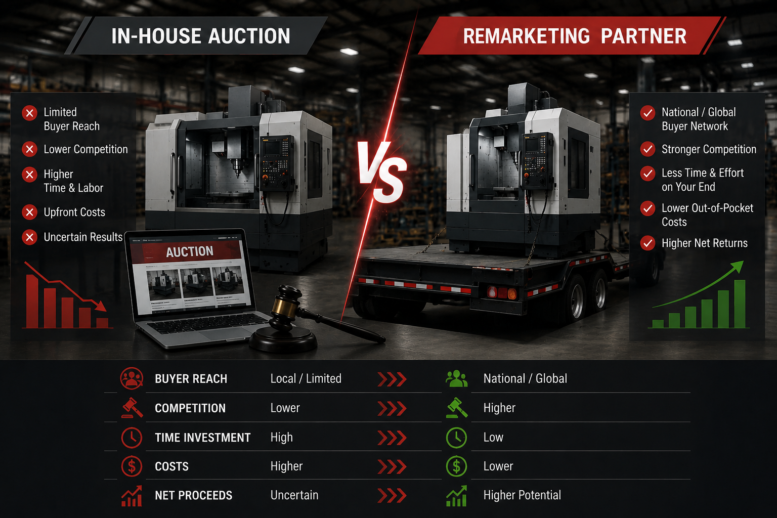 Comparison of in-house auction versus specialized remarketing partner for repossessed CNC equipment