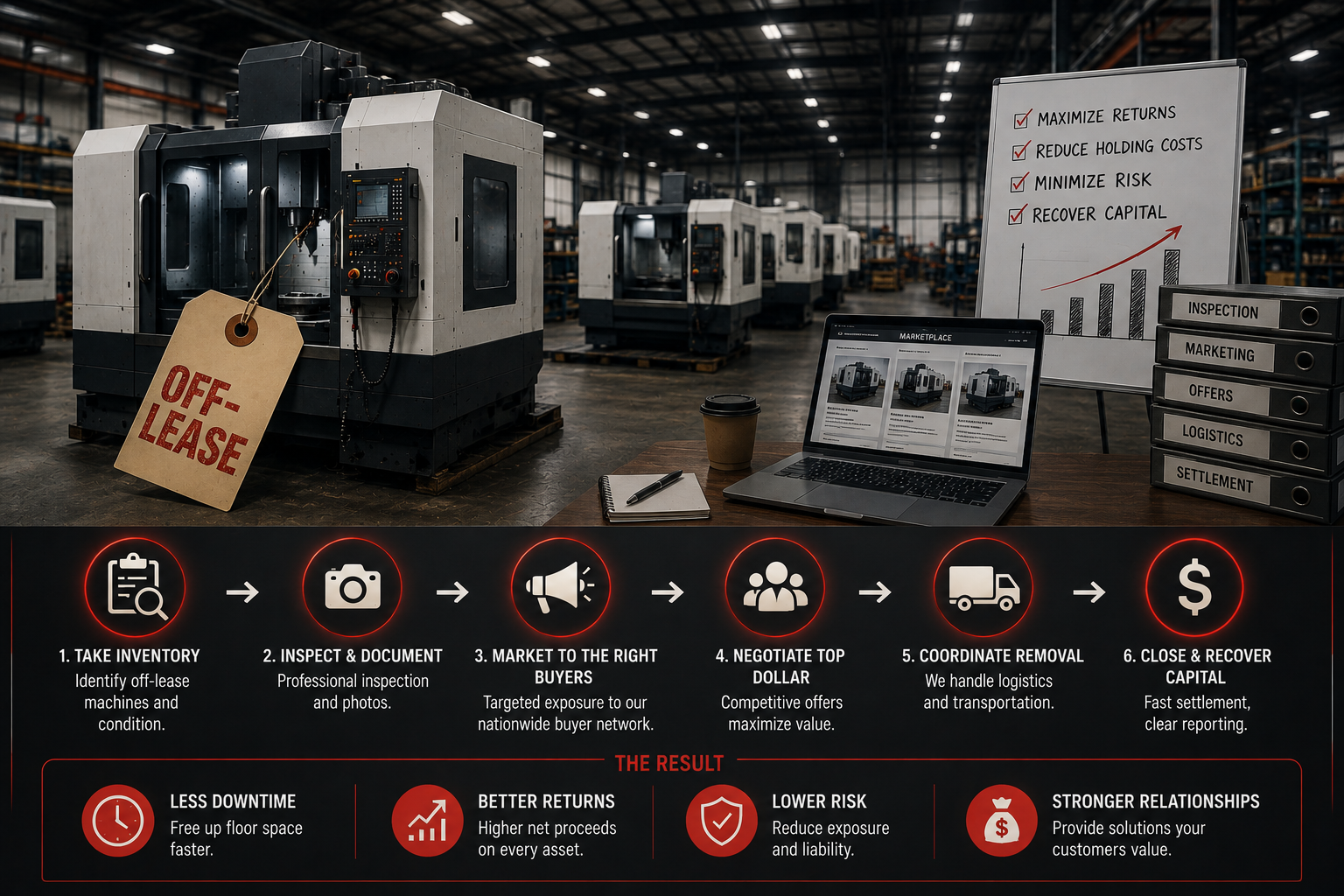Equipment leasing company remarketing off-lease CNC machines through inspection, marketing, and settlement