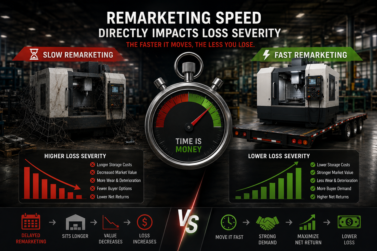 Comparison of slow versus fast remarketing timelines and their effect on loss severity for repossessed CNC equipment