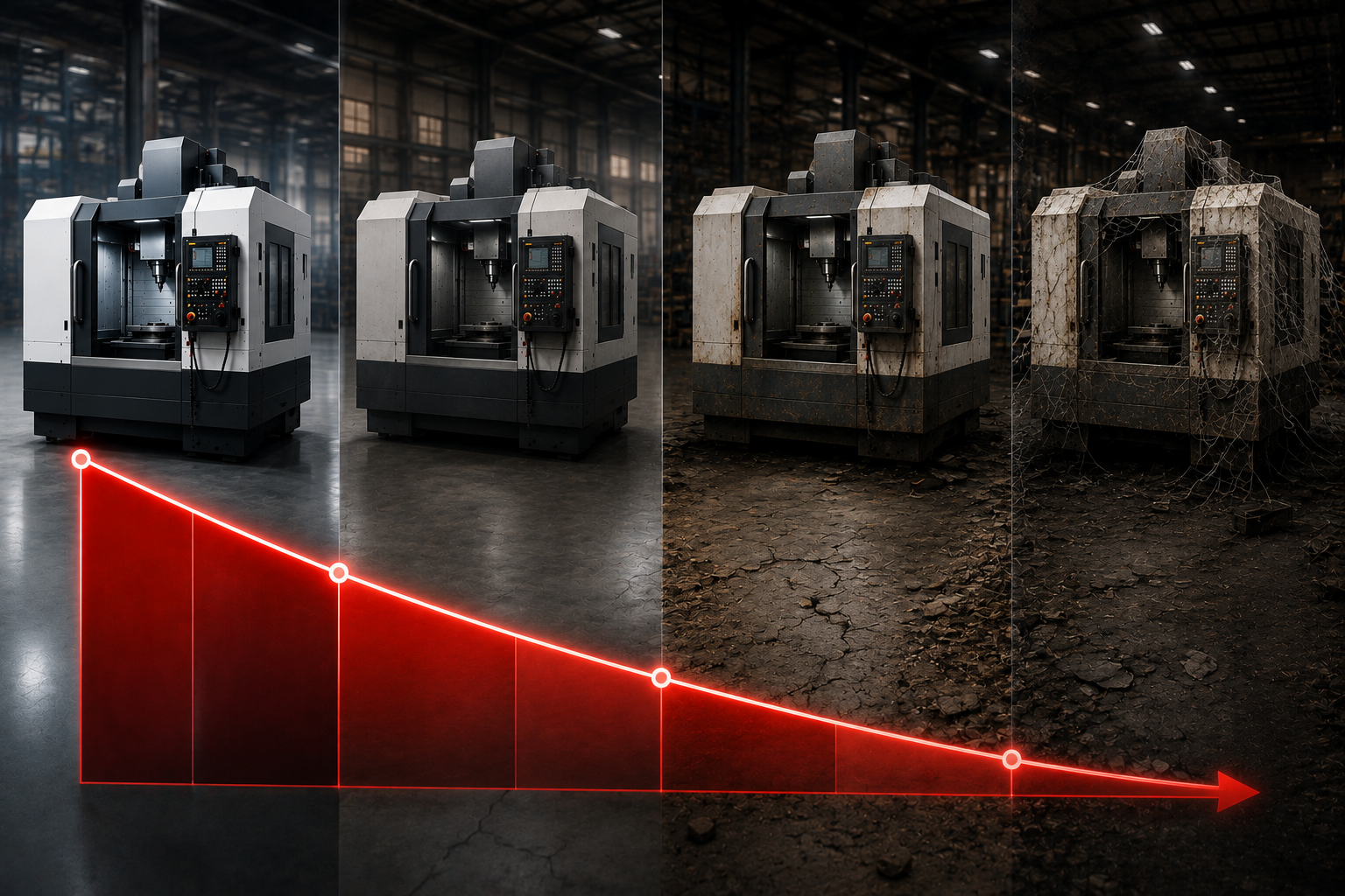 Repossessed CNC machine showing progressive deterioration and value decline over time in storage