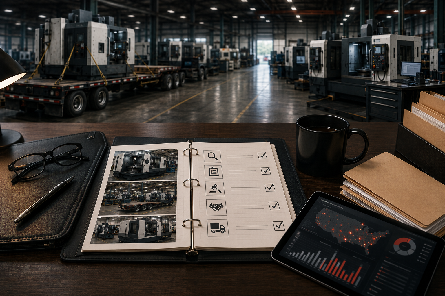 Special assets officer reviewing repossessed CNC equipment disposition file and process checklist