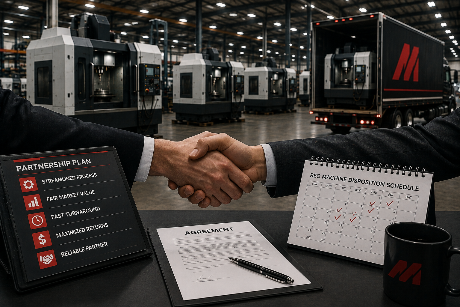 Standing remarketing partnership agreement and recurring machine tool disposition schedule for lenders