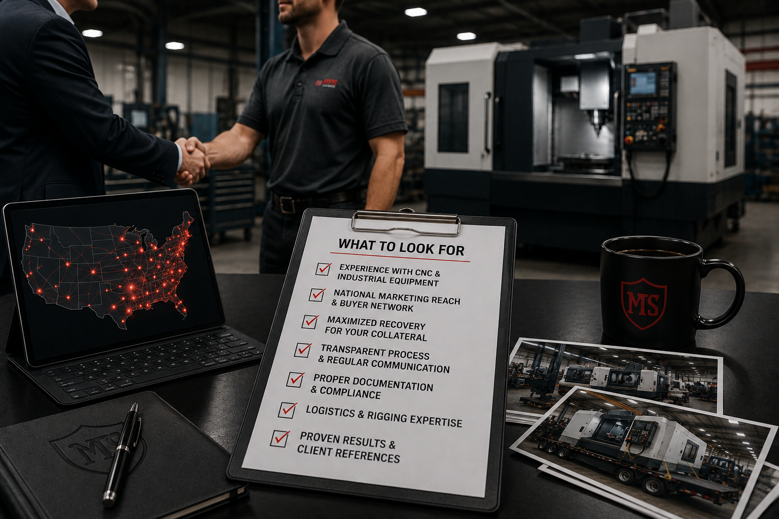 Special assets officer and remarketing partner reviewing CNC equipment remarketing criteria checklist