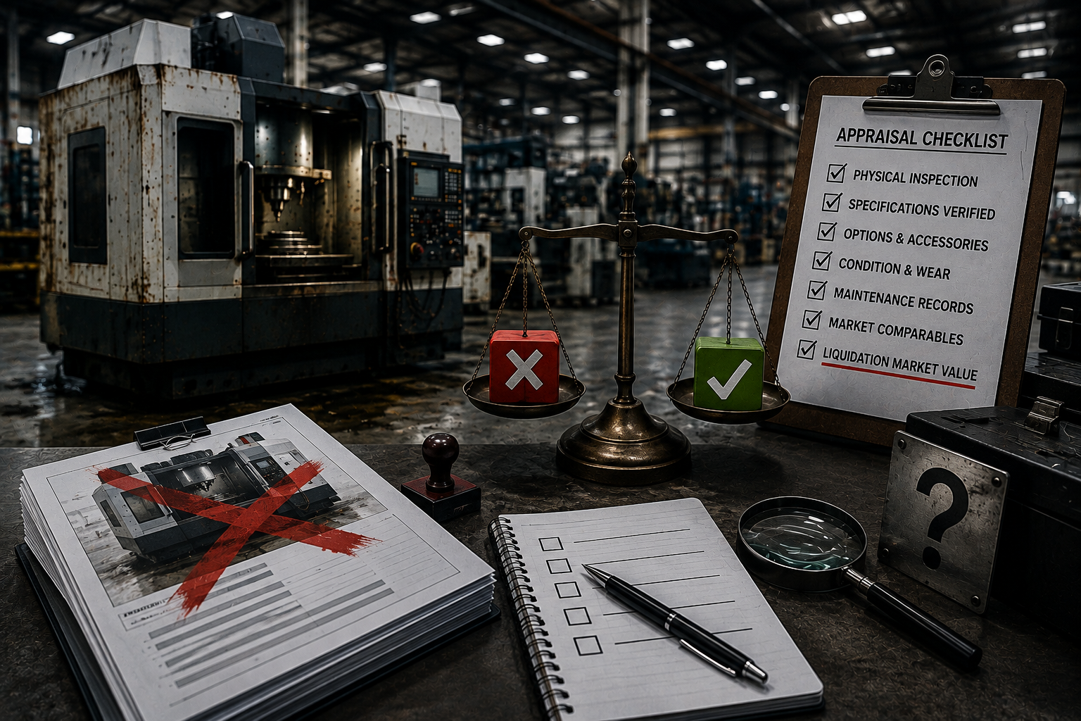 Appraisal checklist and rejected valuation report for repossessed CNC equipment showing common appraisal mistakes